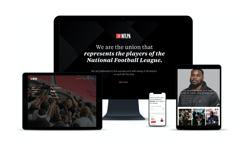 NFLPA.com website on various mock screens - desktop, tablet, and mobile.